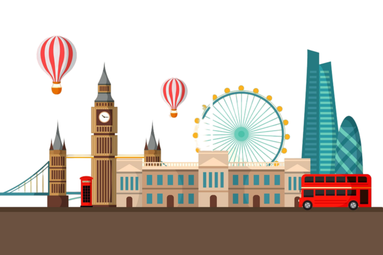 Picture with objects related to Great Britain: Big Ben, the red bus, the Ferris wheel and the bridge