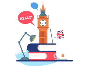 A picture showing Big Ben, books, a lamp and the flag of Great Britain