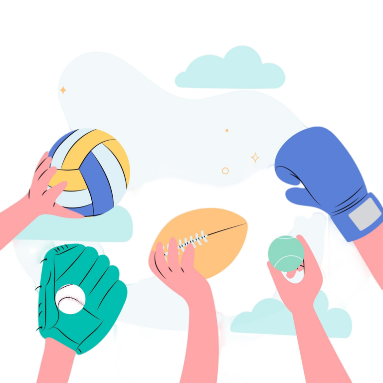 Three hands holding a volleyball, tennis and rugby ball and two holding boxing and baseball gloves