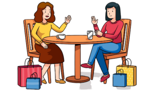 Two women sitting with their purchases at a coffee table talking to each other