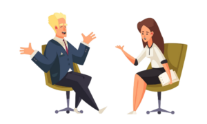 Two people elegantly dressed are talking to each other